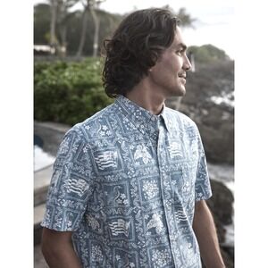 Vintage Reyn Spooner Navy Grey Lahaina Sailor 1/4 Button Aloha Shirt - XXL